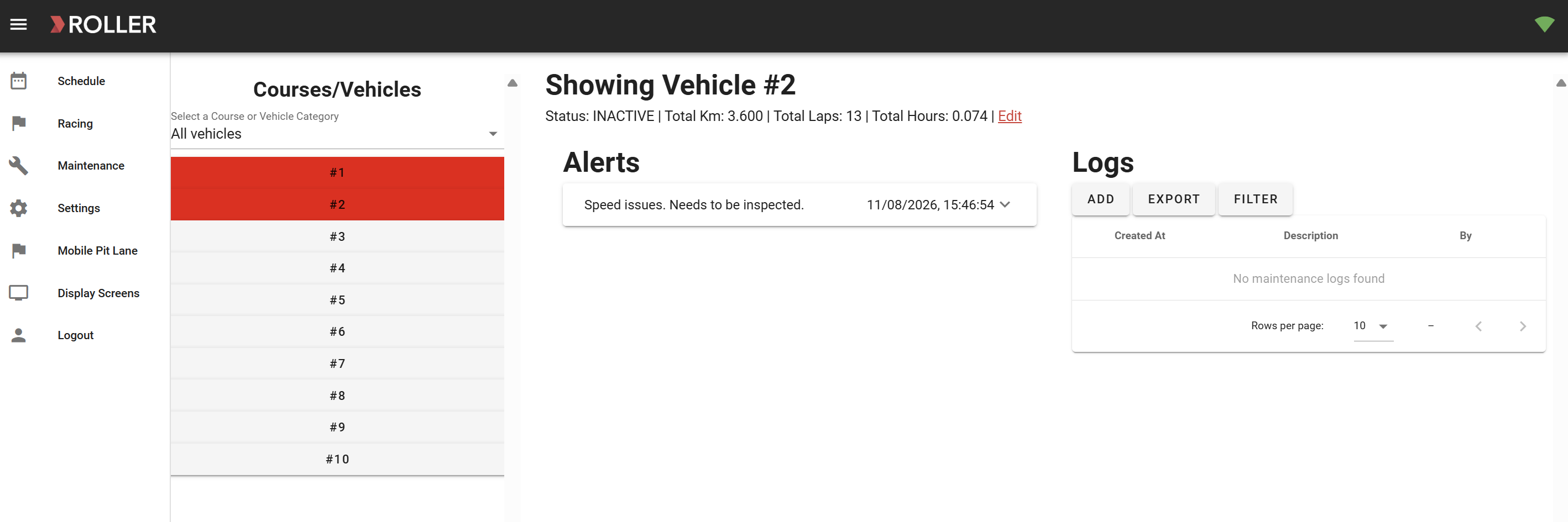 Vehicle #2 status showing alerts for speed issues and maintenance logs.